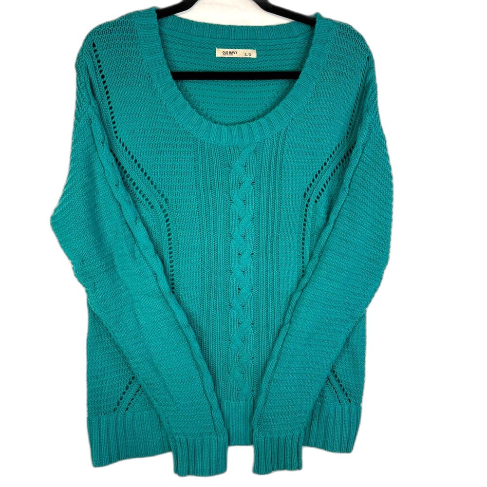 Old Navy Women's Large Cable Knit Sweater Teal Green Scoop Neck Open Knit